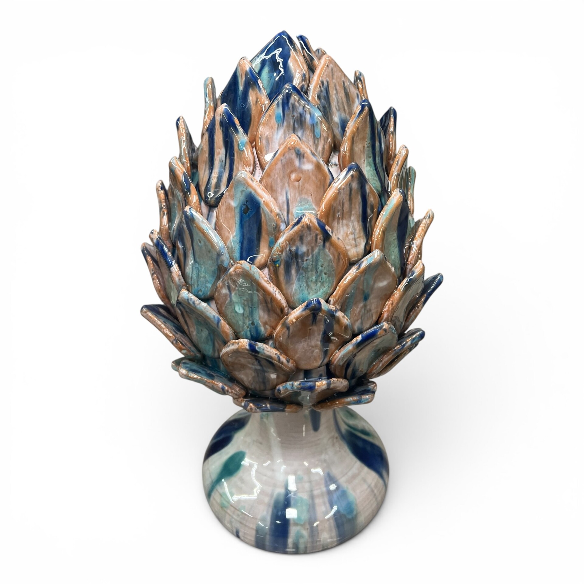Carciofo ornamentale grande decoro blu e celeste in ceramica siciliana Produzione artigianale di Santo Stefano di Camastra h.40cm