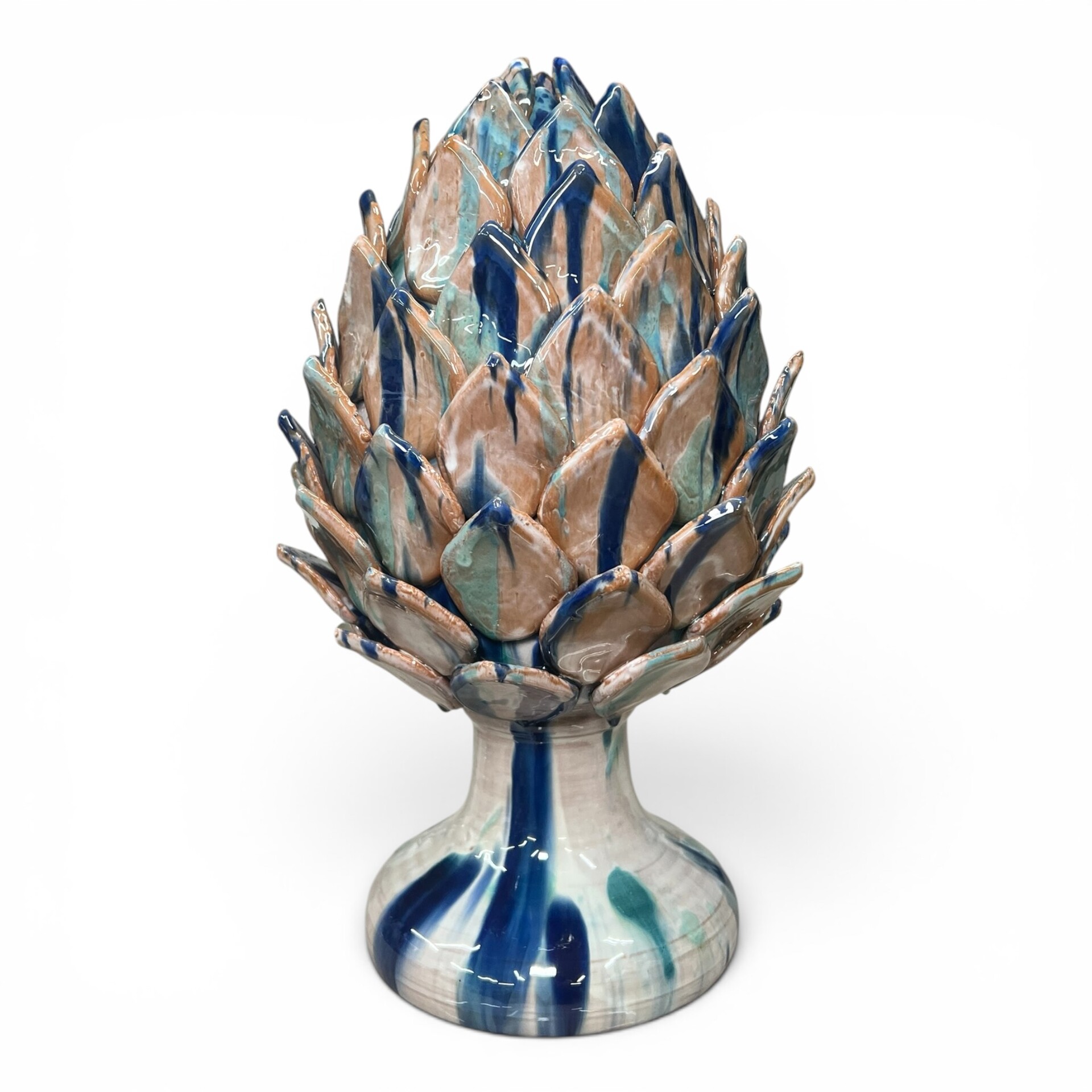 Carciofo ornamentale grande decoro blu e celeste in ceramica siciliana Produzione artigianale di Santo Stefano di Camastra h.40cm