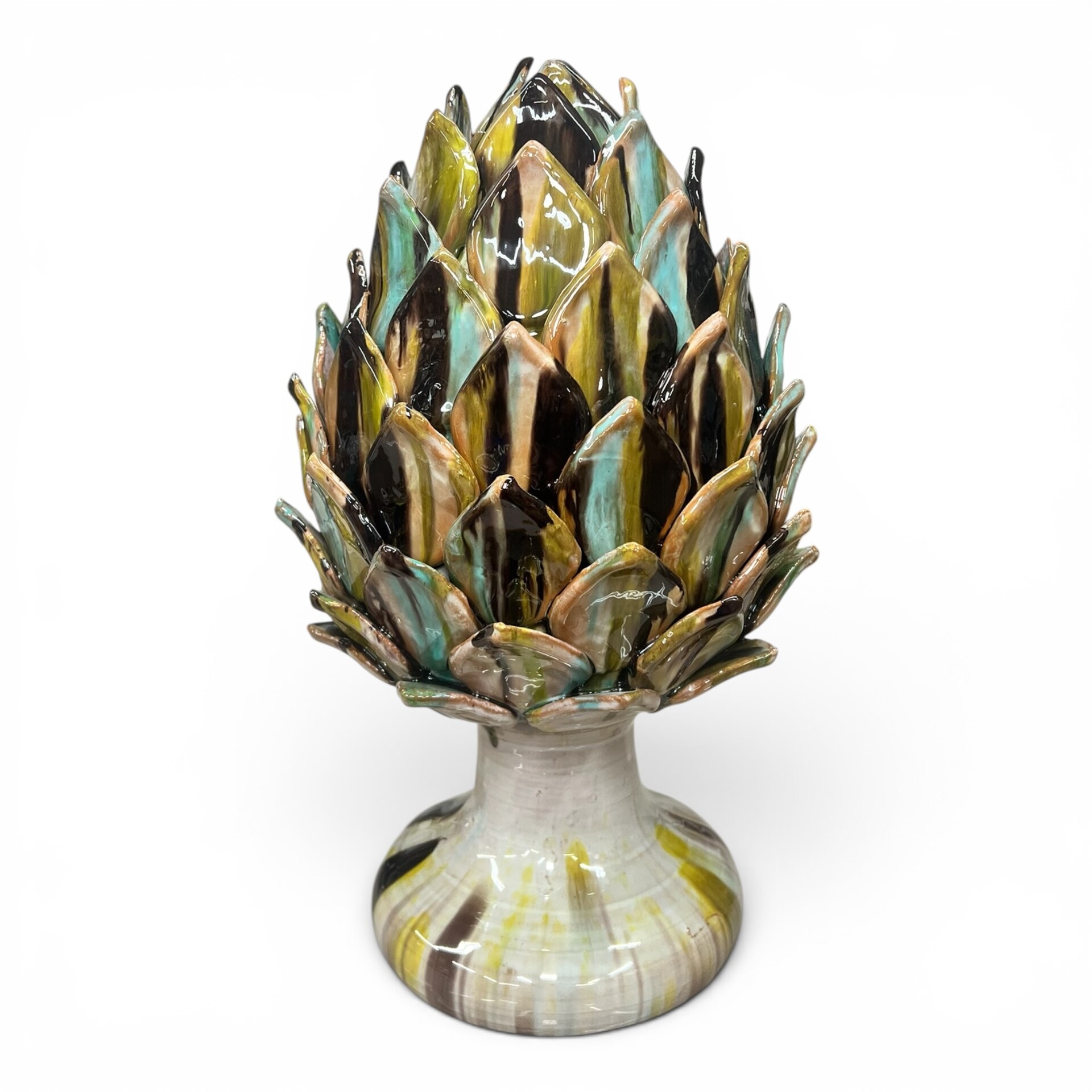 Carciofo ornamentale grande decoro verde nero e azzurro in ceramica siciliana Produzione artigianale di Santo Stefano di Camastra h.40cm