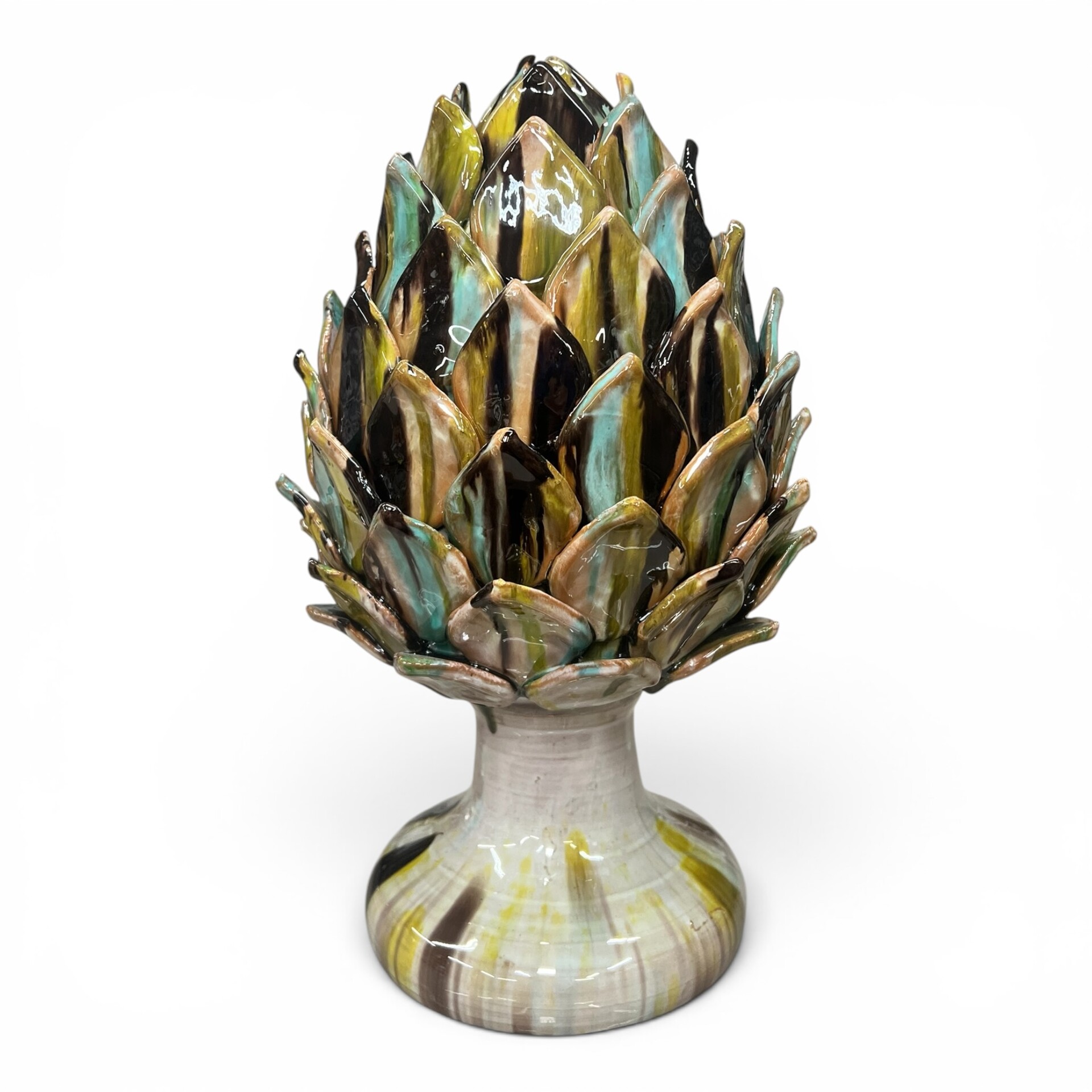 Carciofo ornamentale grande decoro verde nero e azzurro in ceramica siciliana Produzione artigianale di Santo Stefano di Camastra h.40cm
