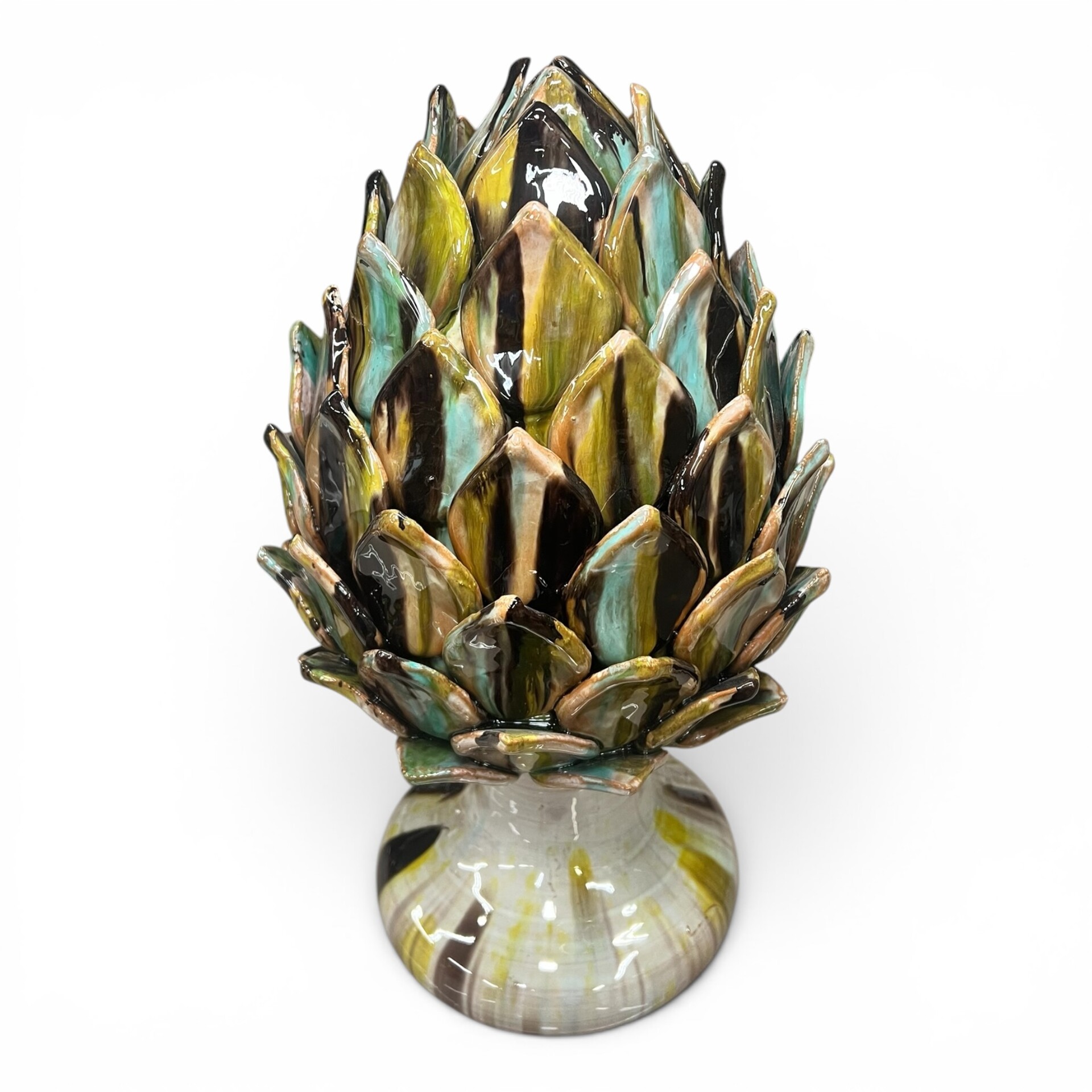 Carciofo ornamentale grande decoro verde nero e azzurro in ceramica siciliana Produzione artigianale di Santo Stefano di Camastra h.40cm
