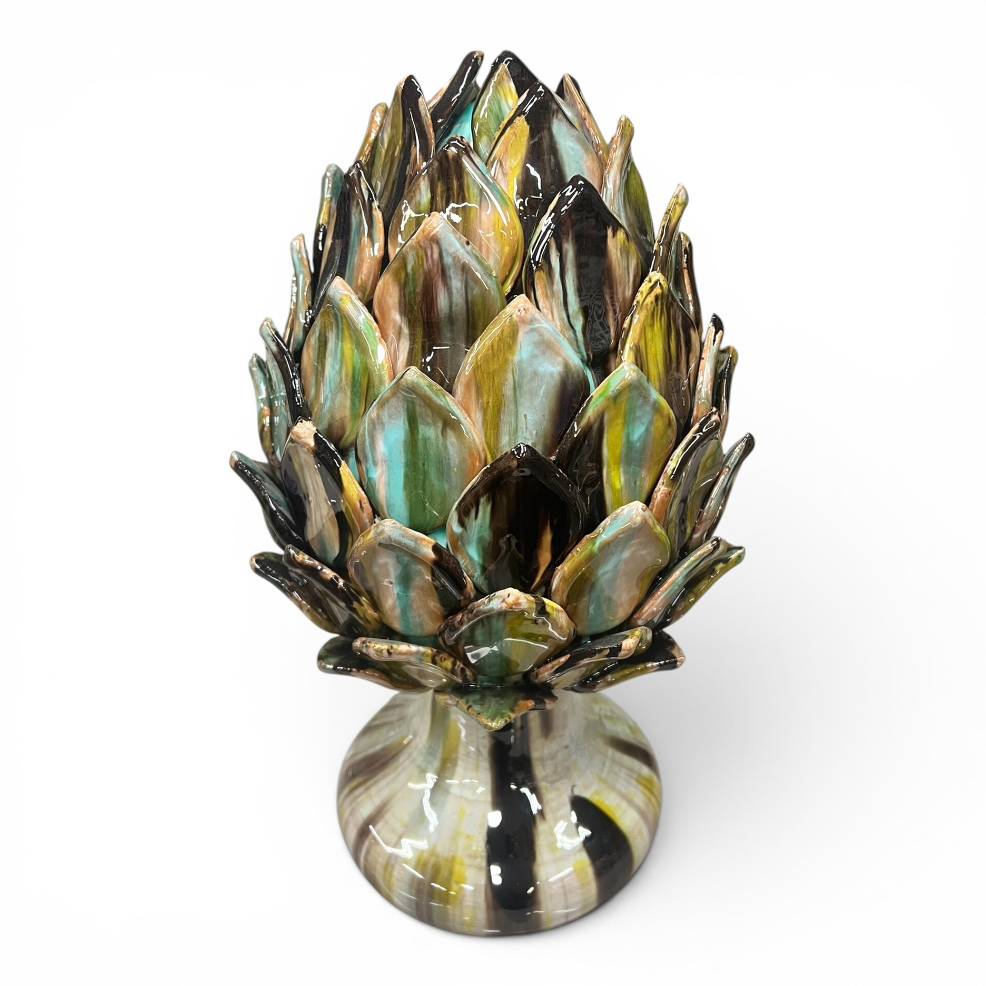 Carciofo ornamentale grande decoro verde nero e azzurro in ceramica siciliana Produzione artigianale di Santo Stefano di Camastra h.40cm