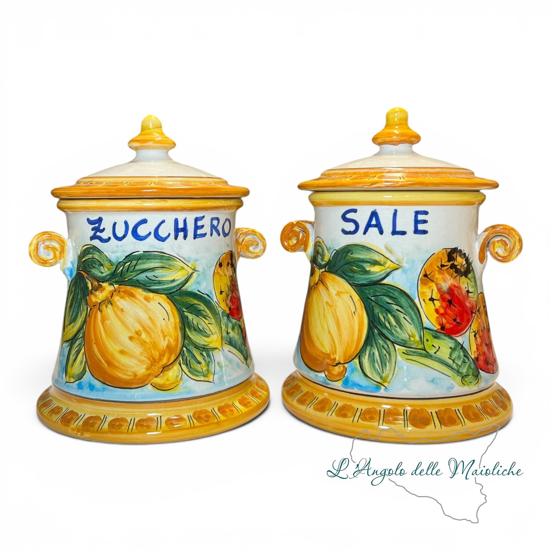 Set Barattoli sale e zucchero decoro limoni e fichi d’india in ceramica siciliana Produzione artigianale di Santo Stefano di Camastra h.20cm
