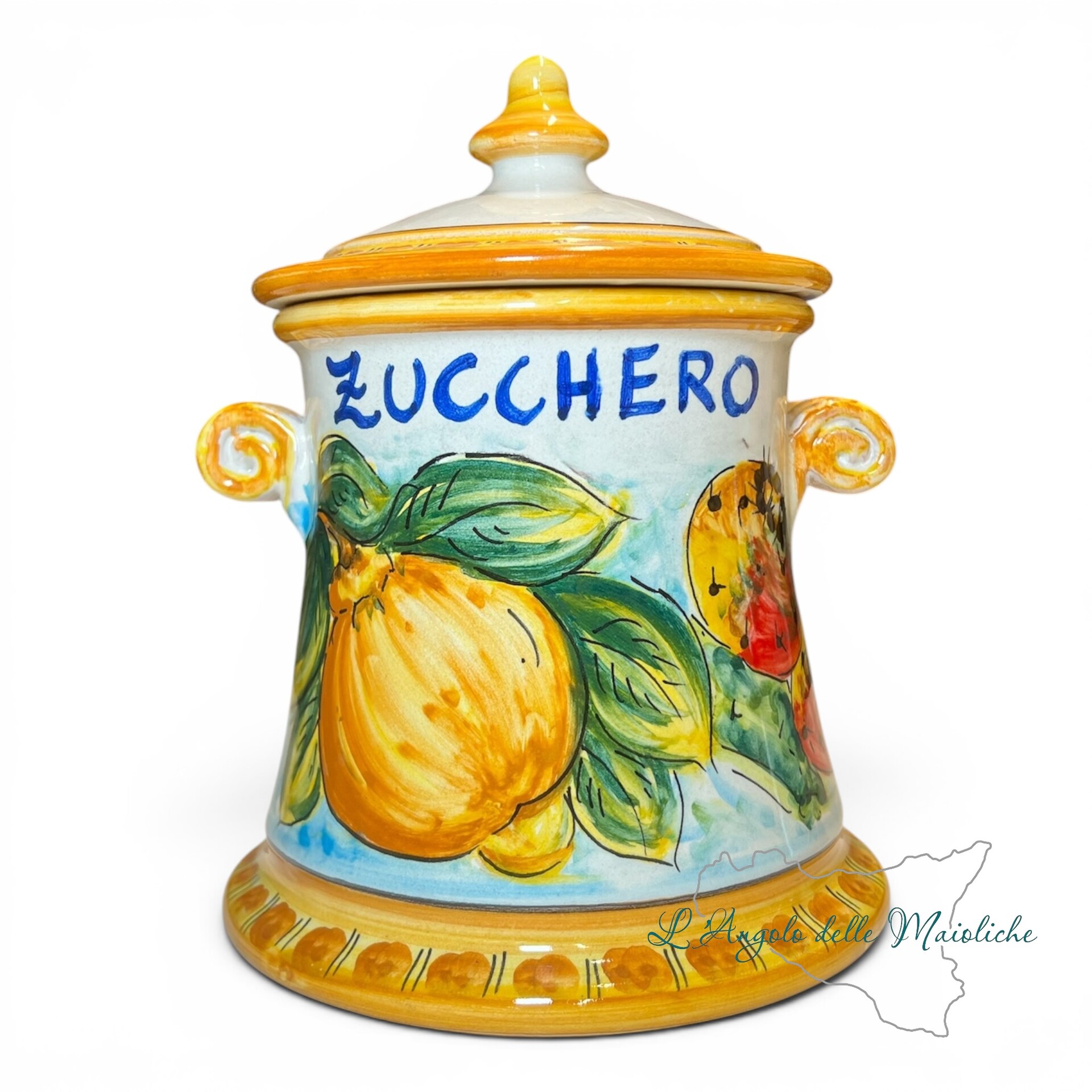 Set Barattoli sale e zucchero decoro limoni e fichi d’india in ceramica siciliana Produzione artigianale di Santo Stefano di Camastra h.20cm