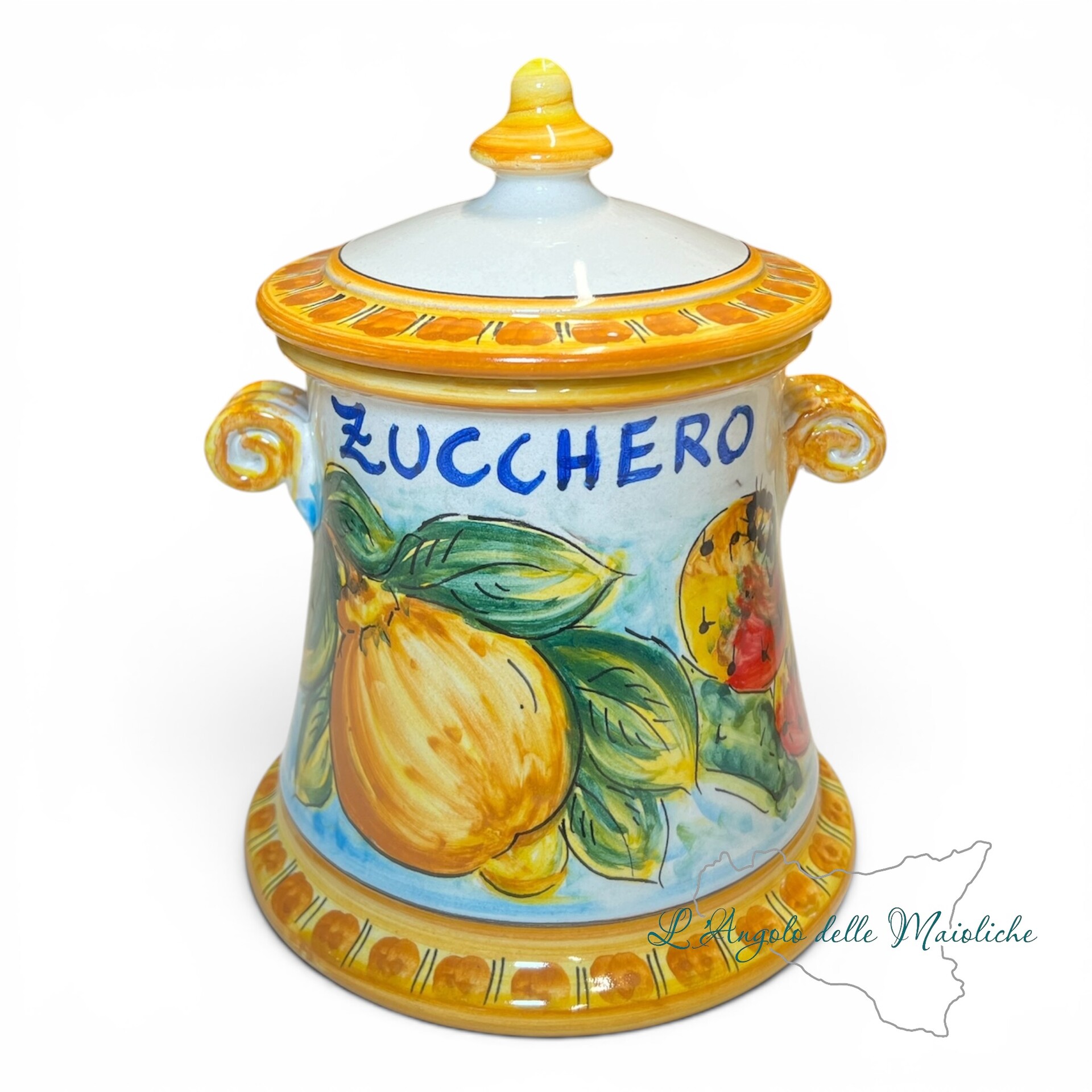 Set Barattoli sale e zucchero decoro limoni e fichi d’india in ceramica siciliana Produzione artigianale di Santo Stefano di Camastra h.20cm