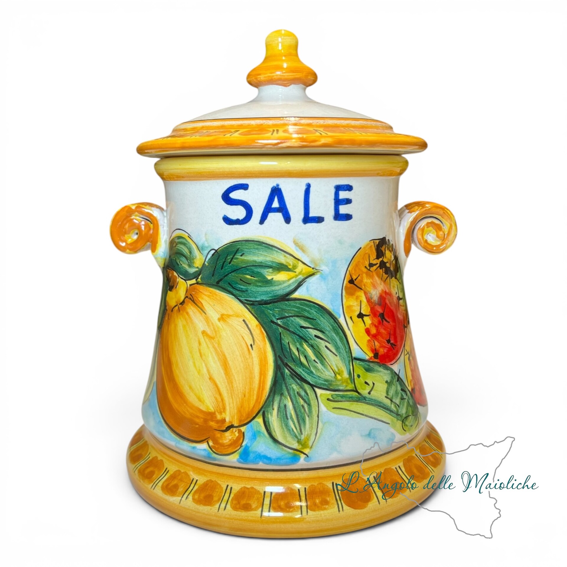 Set Barattoli sale e zucchero decoro limoni e fichi d’india in ceramica siciliana Produzione artigianale di Santo Stefano di Camastra h.20cm