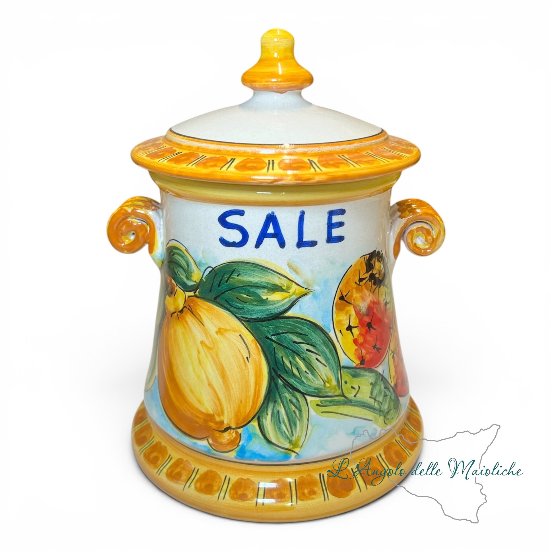 Set Barattoli sale e zucchero decoro limoni e fichi d’india in ceramica siciliana Produzione artigianale di Santo Stefano di Camastra h.20cm