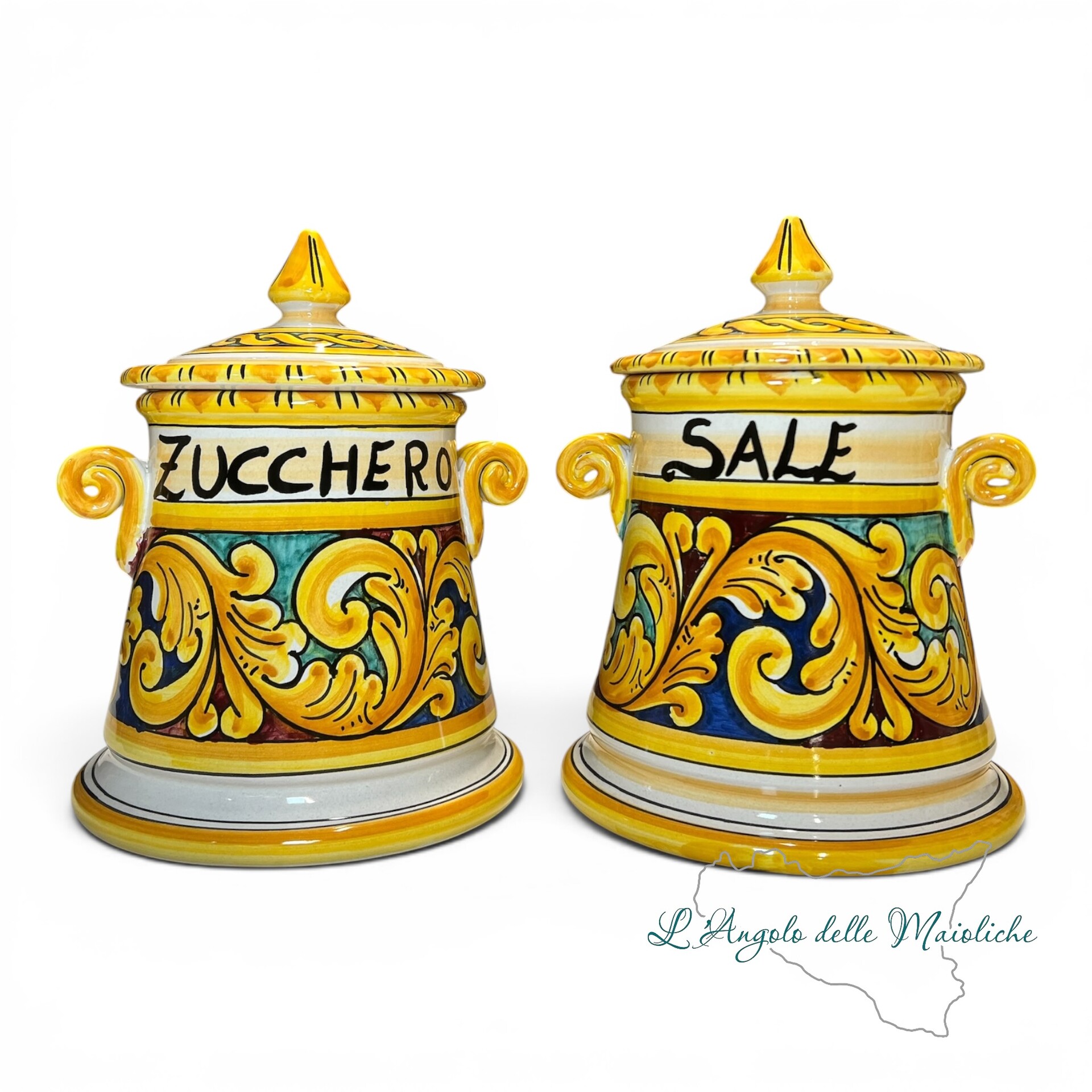 Set Barattoli sale e zucchero decoro ornato barocco giallo in ceramica siciliana Produzione artigianale di Santo Stefano di Camastra h.20cm