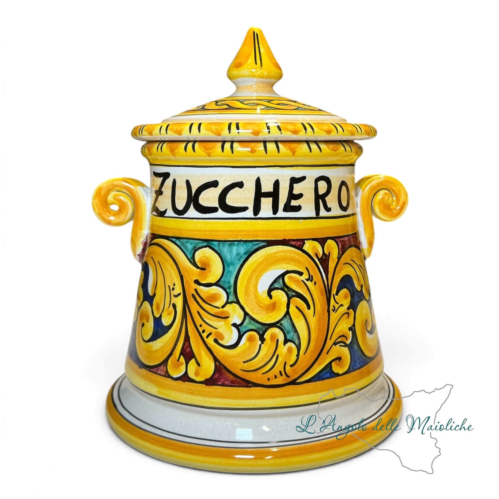 Set Barattoli sale e zucchero decoro ornato barocco giallo in ceramica siciliana Produzione artigianale di Santo Stefano di Camastra h.20cm