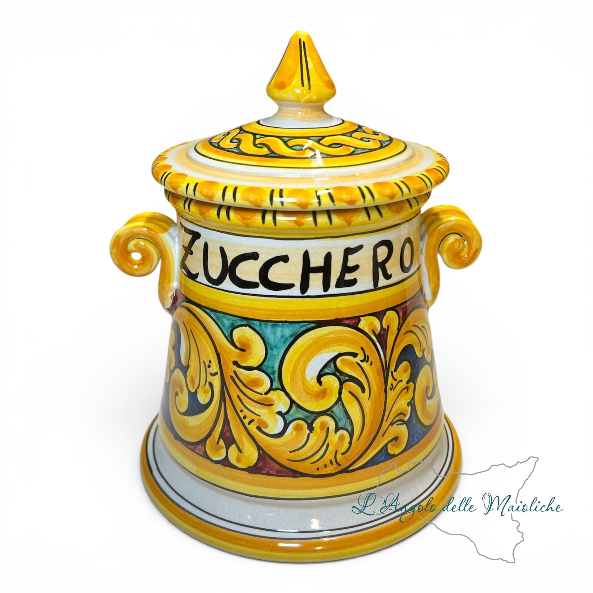 Set Barattoli sale e zucchero decoro ornato barocco giallo in ceramica siciliana Produzione artigianale di Santo Stefano di Camastra h.20cm