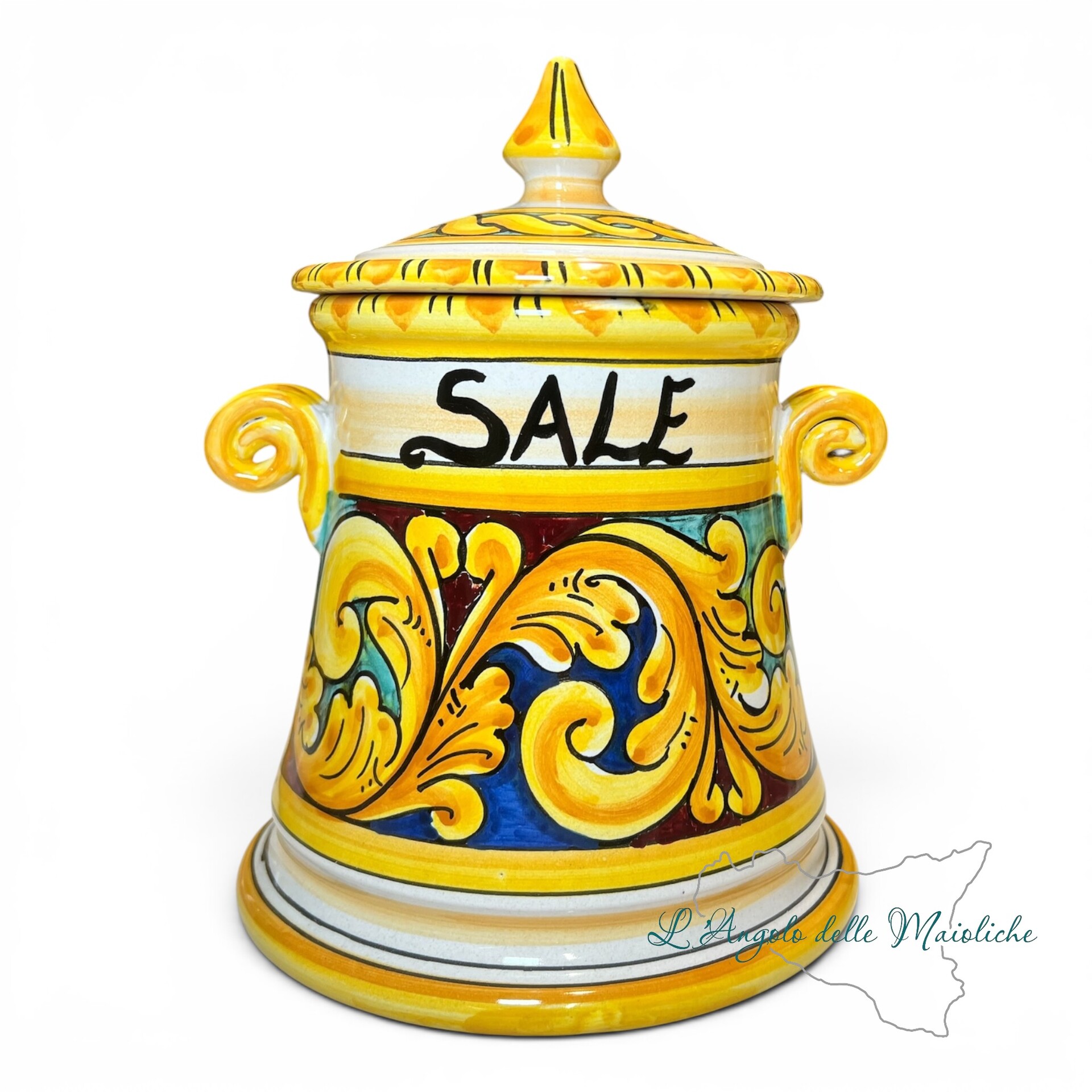 Set Barattoli sale e zucchero decoro ornato barocco giallo in ceramica siciliana Produzione artigianale di Santo Stefano di Camastra h.20cm