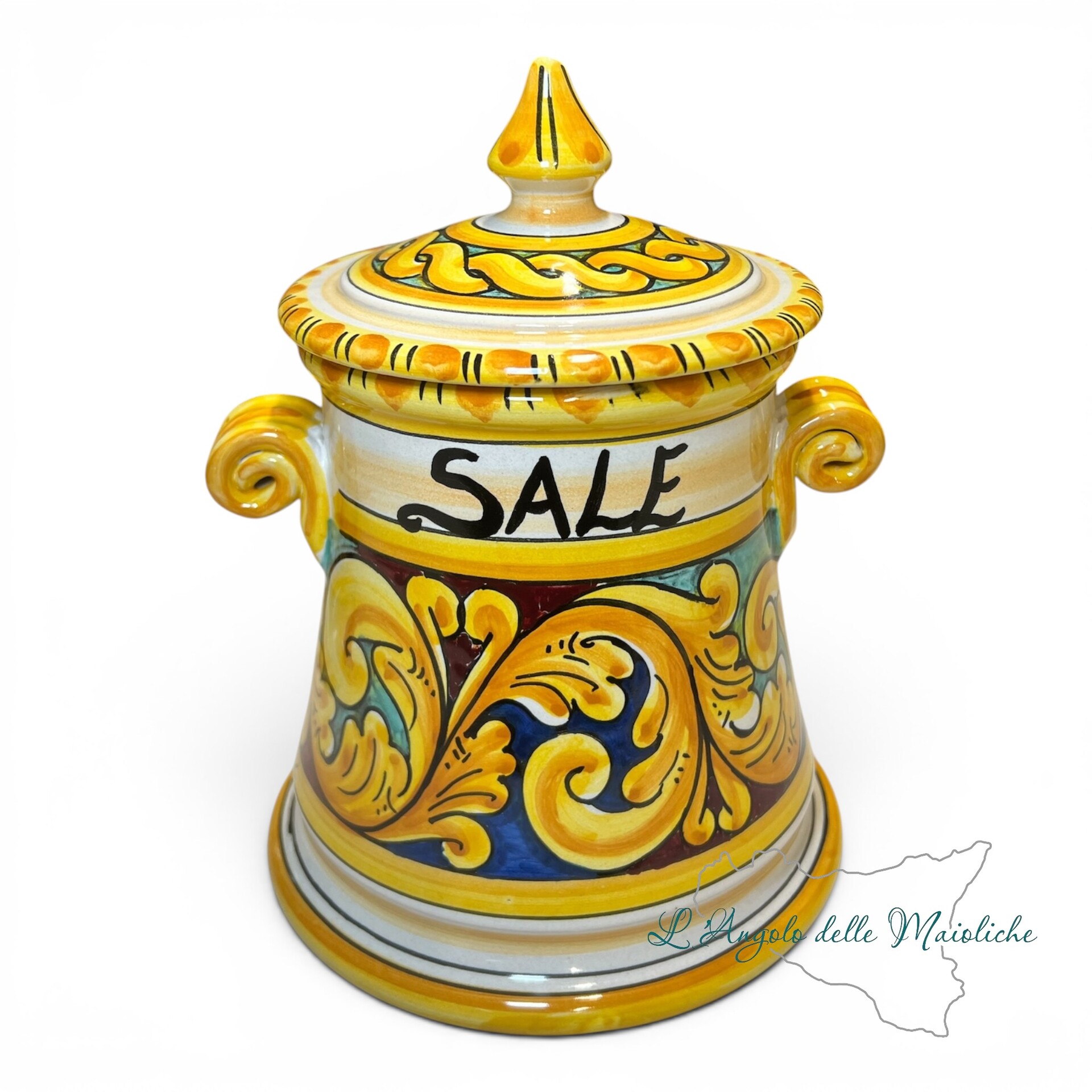 Set Barattoli sale e zucchero decoro ornato barocco giallo in ceramica siciliana Produzione artigianale di Santo Stefano di Camastra h.20cm