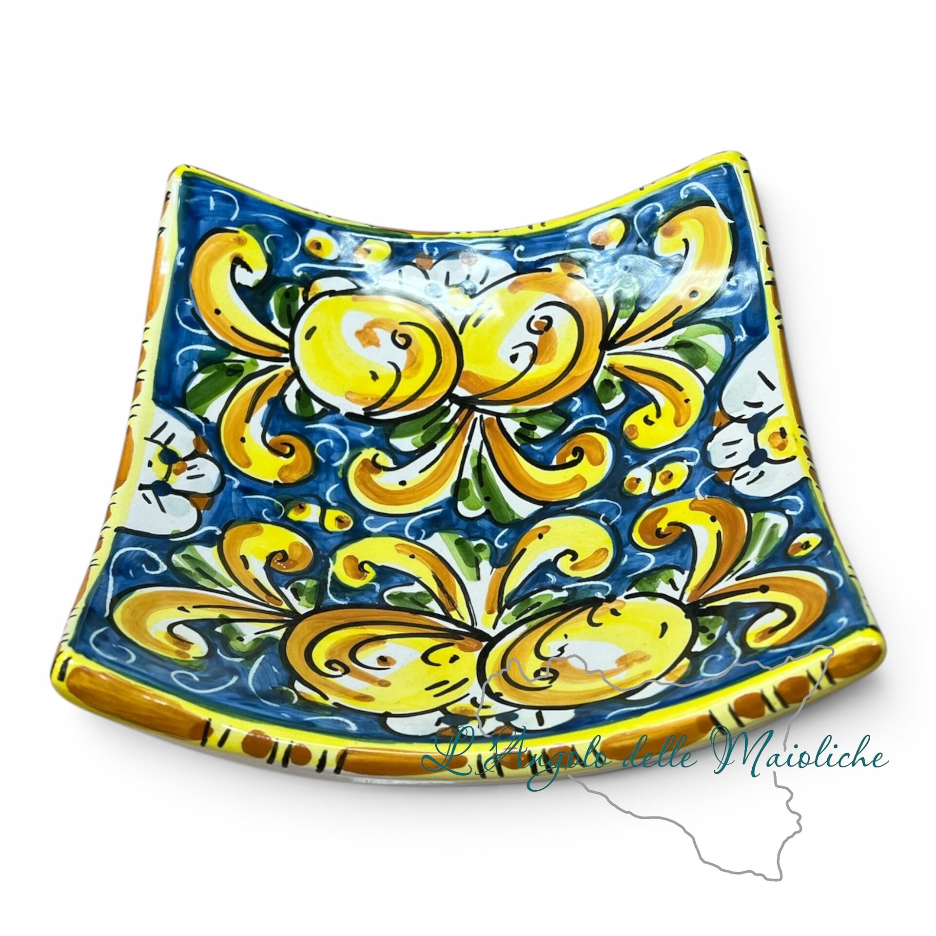 Svuota tasche Porta caramelle decoro limoni fondo blu in ceramica siciliana Produzione artigianale di Caltagirone Lunghezza 17cm