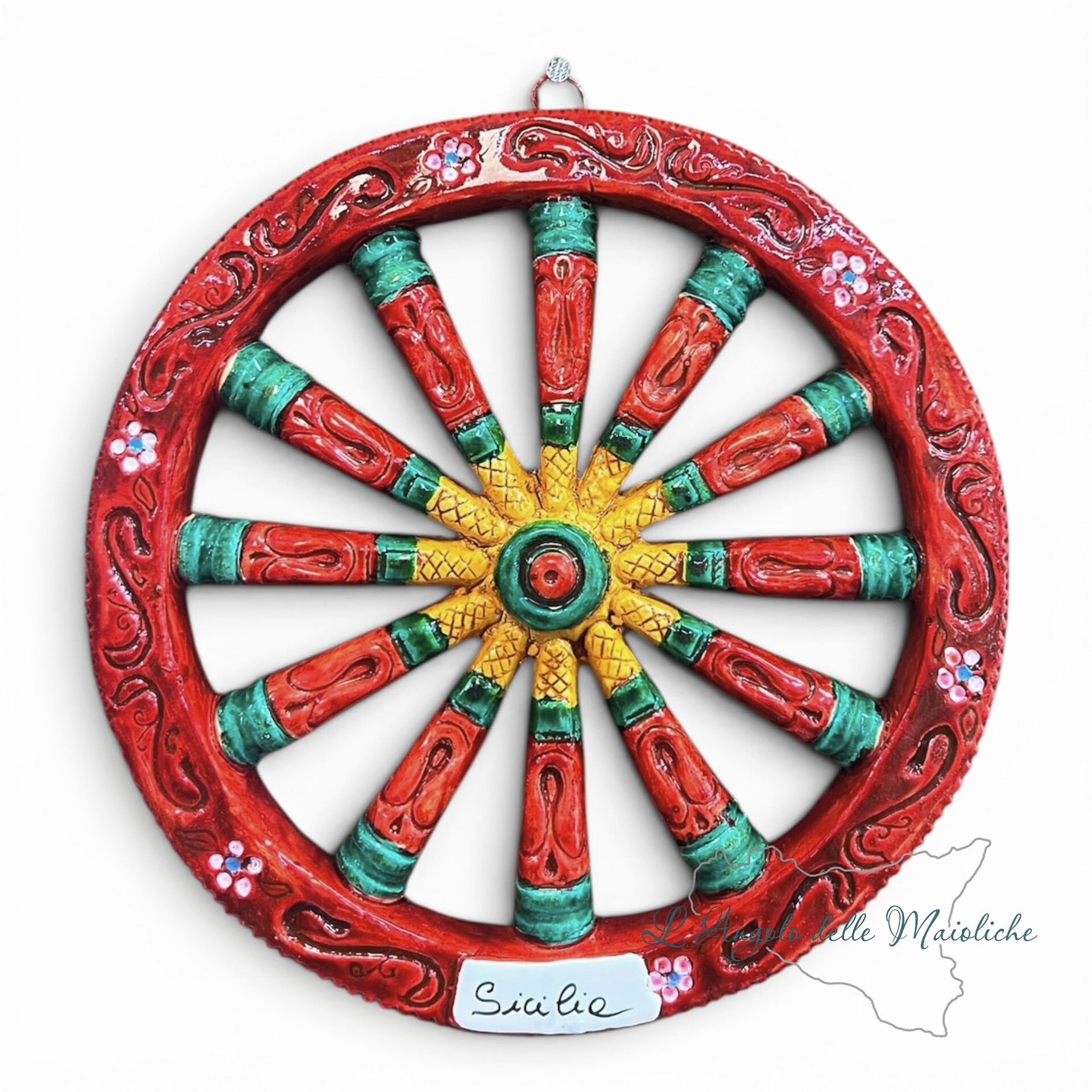 Ruota di carretto decoro rosso verde e giallo in ceramica siciliana Made in Sicily Diametro 18cm