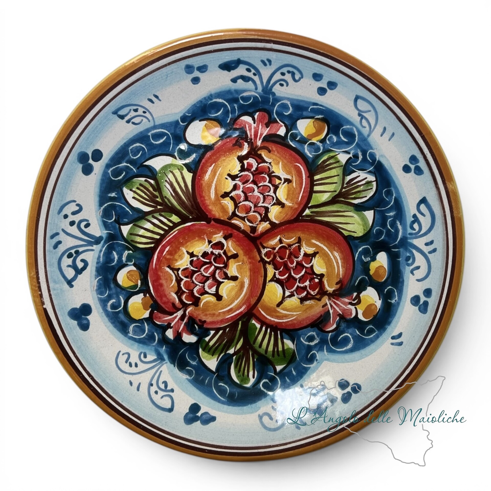 Piatto ornamentale piccolo da parete decoro melograni fondo blu in ceramica siciliana Produzione artigianale di Caltagirone Diametro 18cm