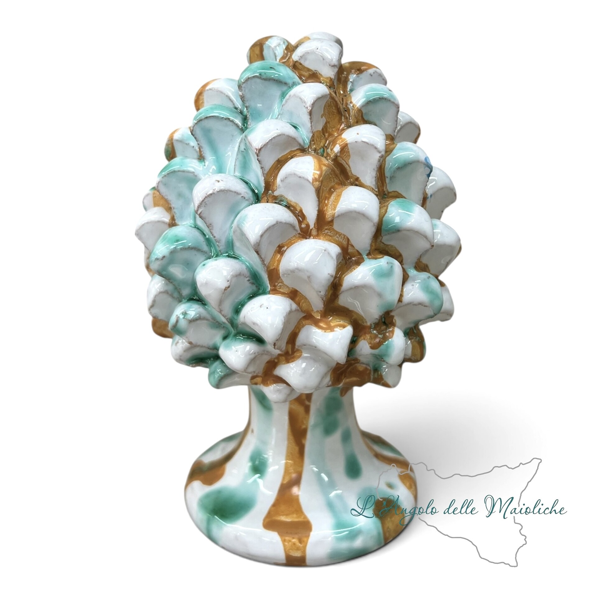 Pigna kaleido decoro verde acqua e mattone effetto marmo in ceramica siciliana Produzione artigianale di Santo Stefano di Camastra h.15cm