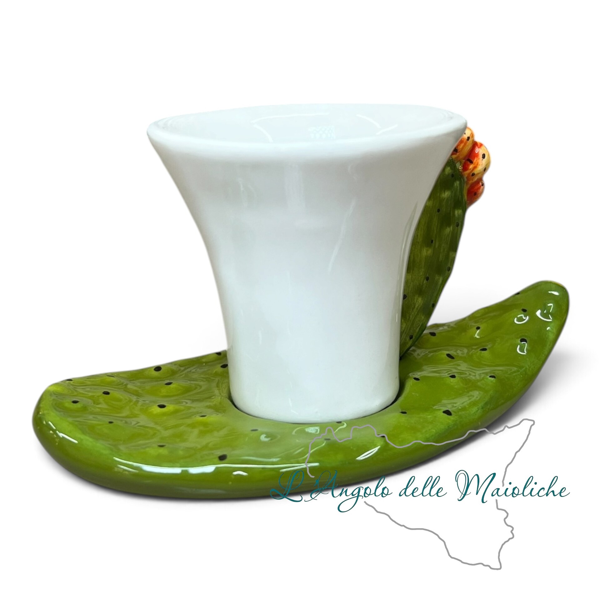 Tazzina espresso con piattino fico d’india in ceramica siciliana Produzione artigianale di Catania h.10cm