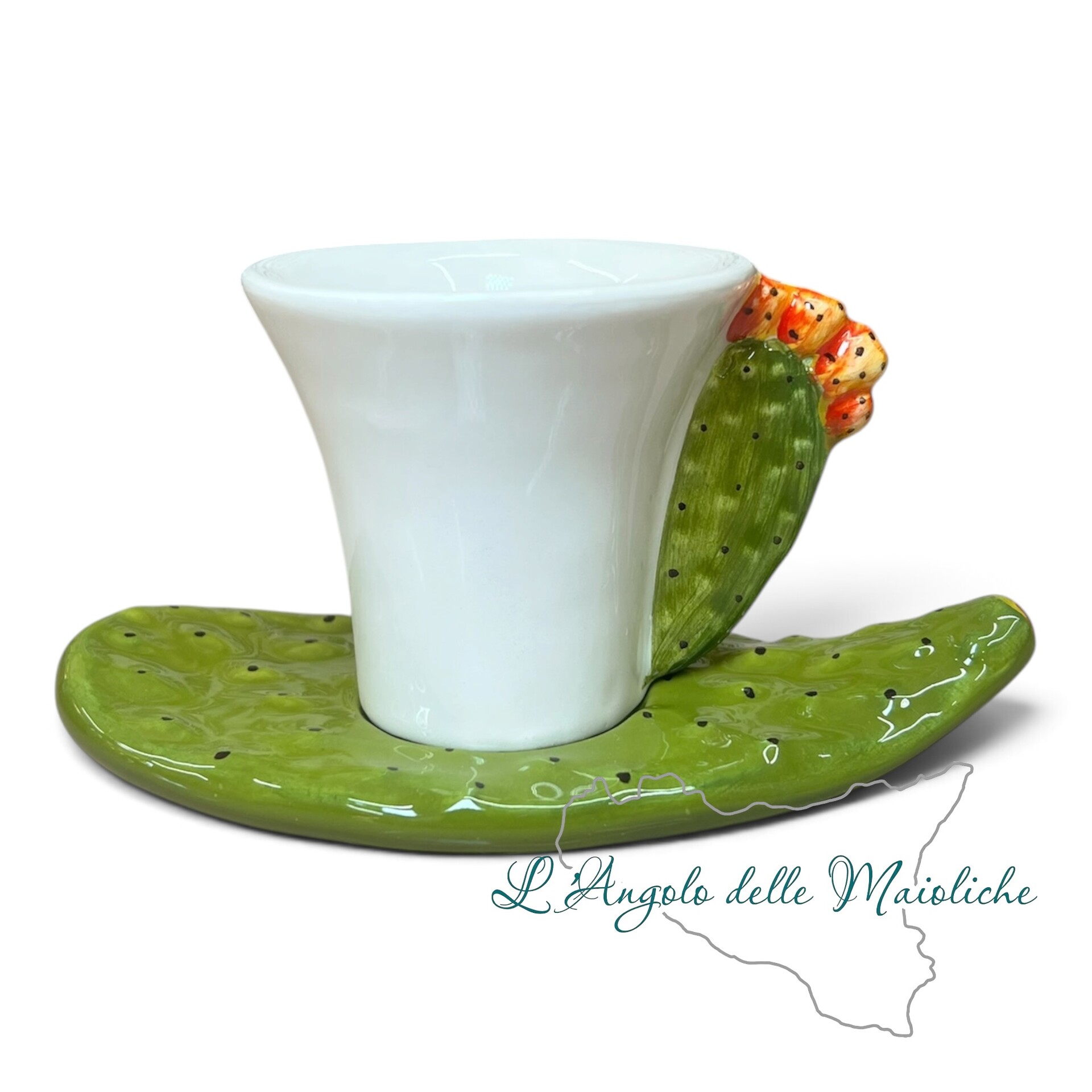 Tazzina espresso con piattino fico d’india in ceramica siciliana Produzione artigianale di Catania h.10cm