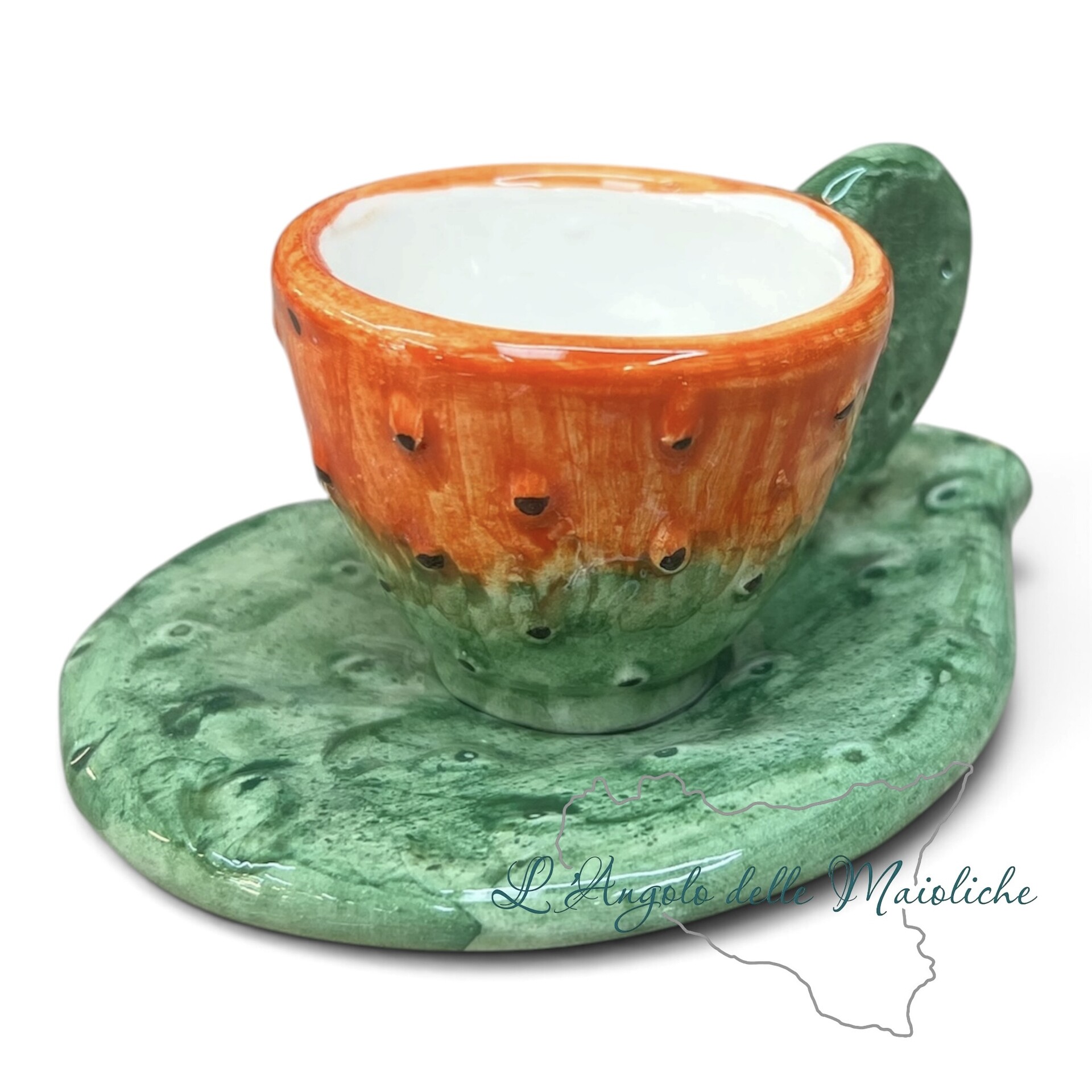 Tazzina espresso con piattino fico d’india in ceramica siciliana Produzione artigianale di Sciacca h.7cm