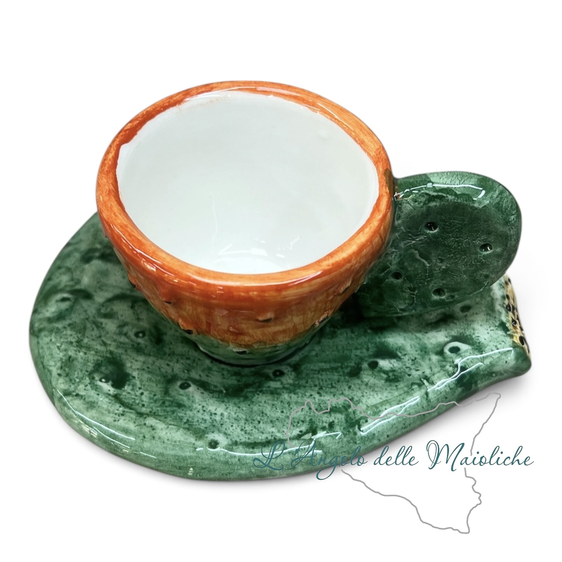 Tazzina espresso con piattino fico d’india in ceramica siciliana Produzione artigianale di Sciacca h.7cm