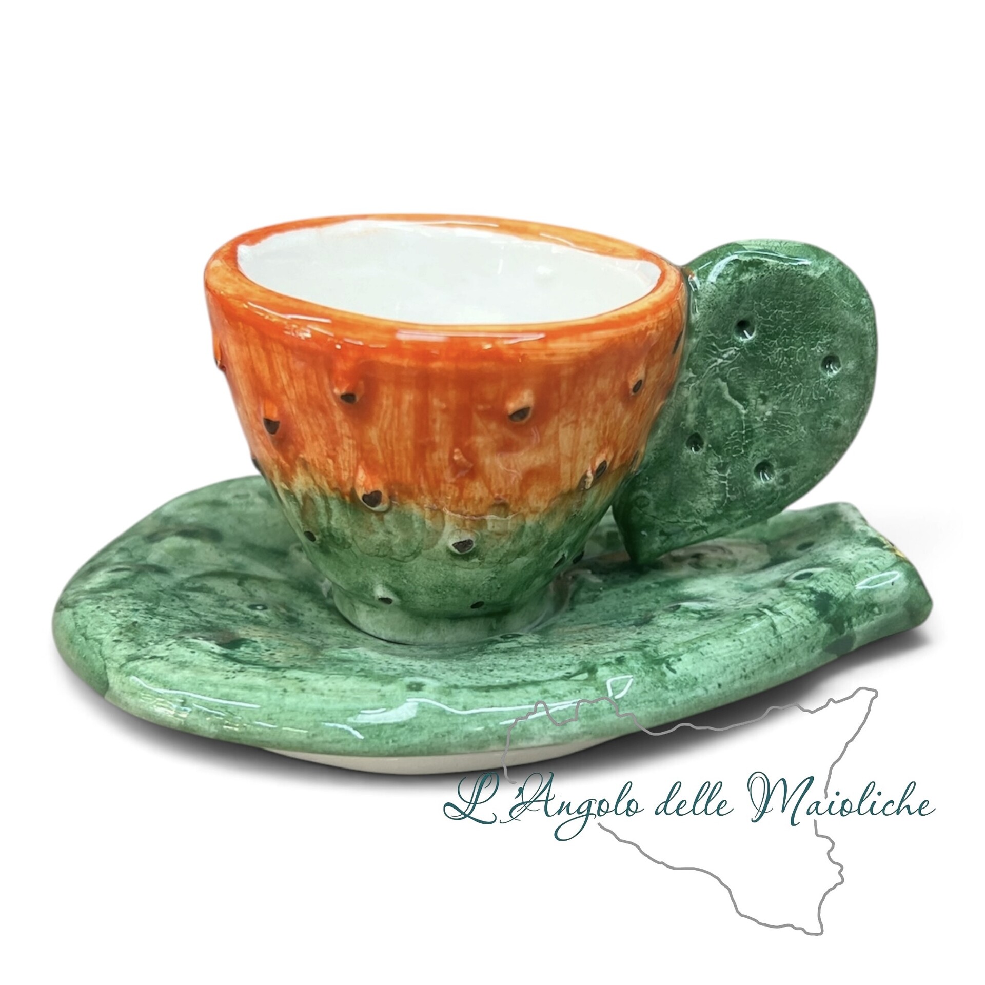 Tazzina espresso con piattino fico d’india in ceramica siciliana Produzione artigianale di Sciacca h.7cm