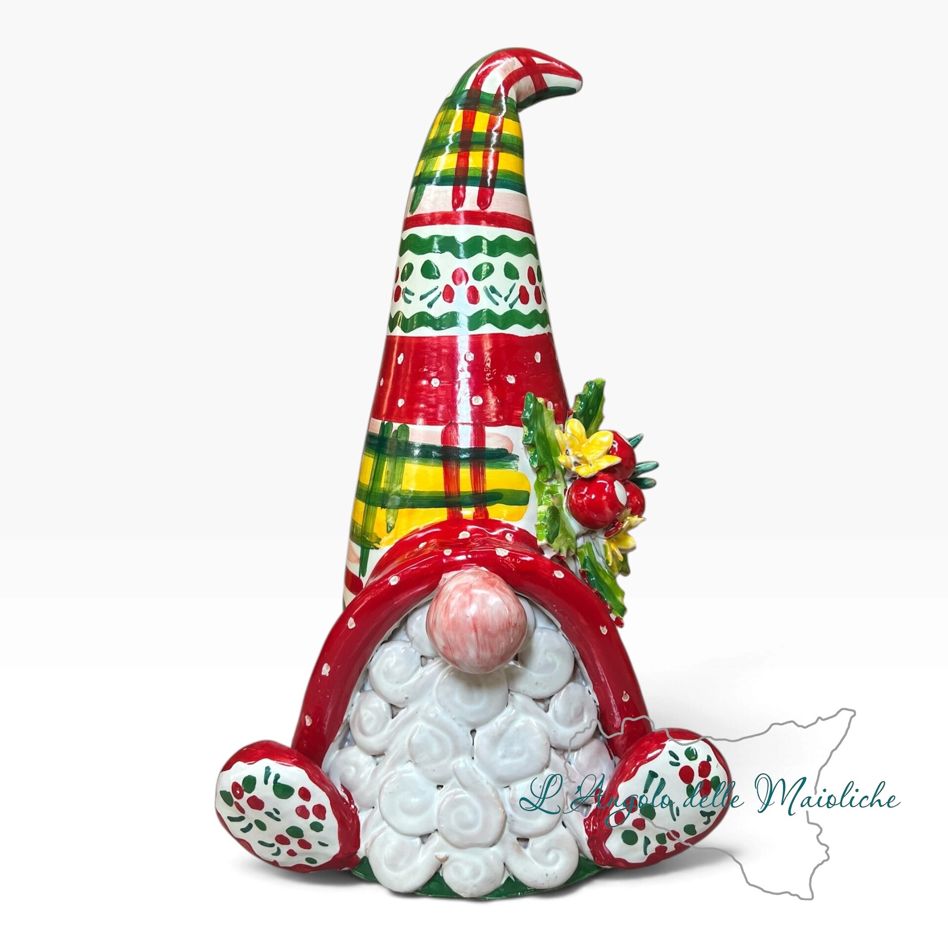 Gnomo Natalizio da appoggio in ceramica siciliana Produzione artigianale di Caltagirone h.37cm