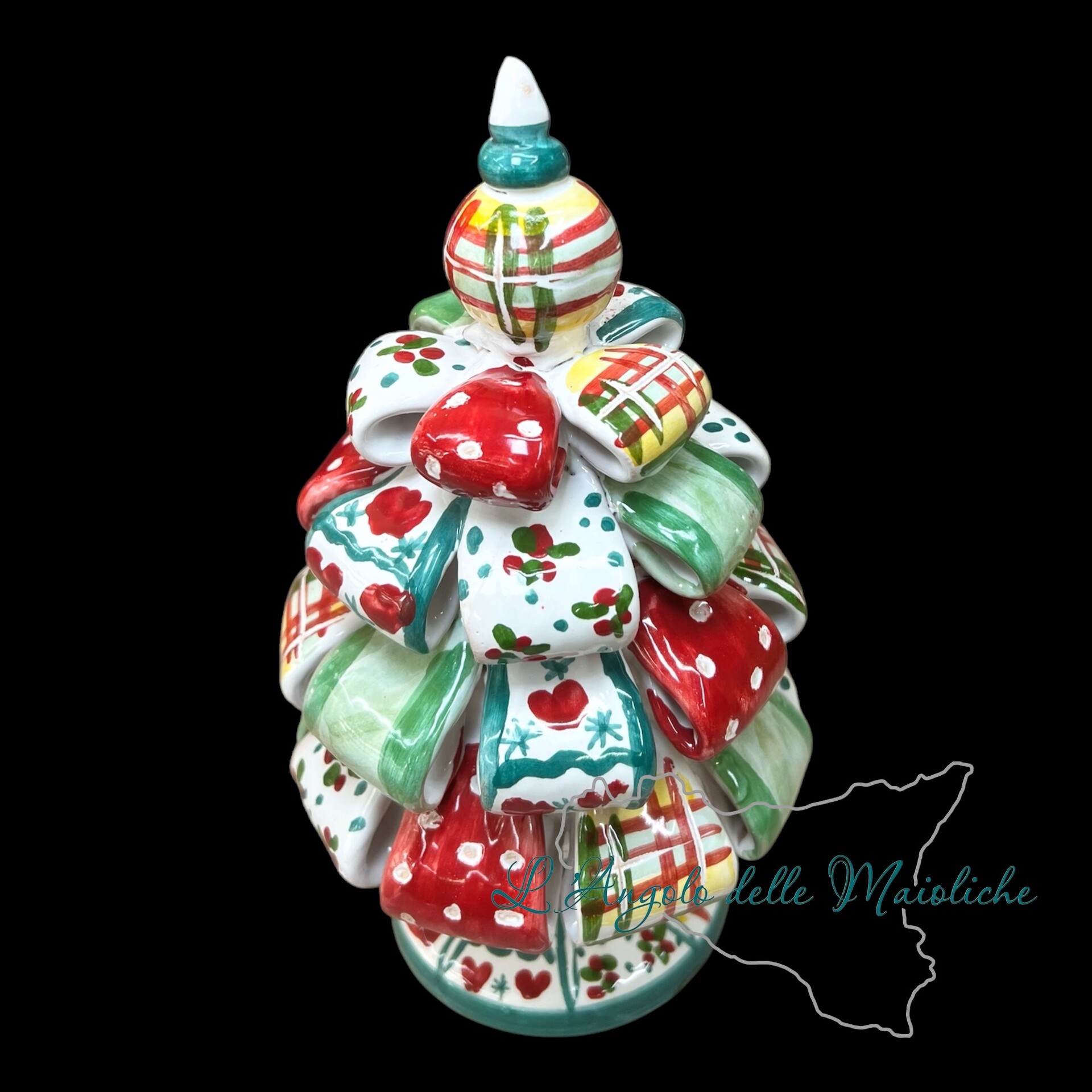 Albero di Natale in ceramica siciliana modello nastrini da appoggio Produzione artigianale di Caltagirone h.20cm