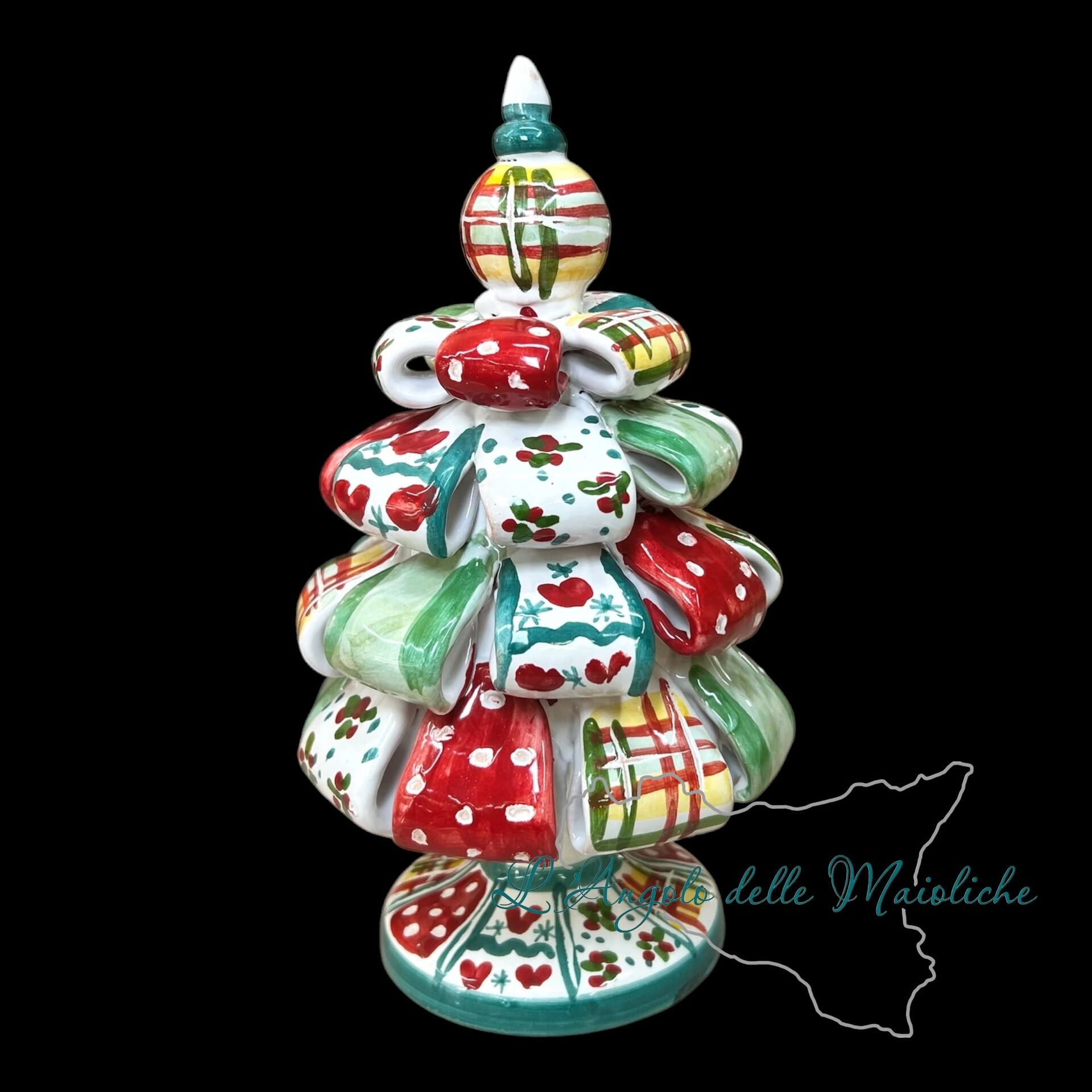 Albero di Natale in ceramica siciliana modello nastrini da appoggio Produzione artigianale di Caltagirone h.20cm