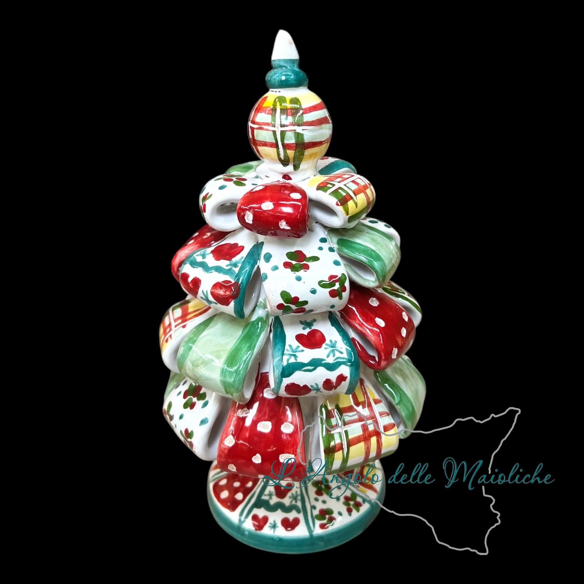 Albero di Natale in ceramica siciliana modello nastrini da appoggio Produzione artigianale di Caltagirone h.20cm