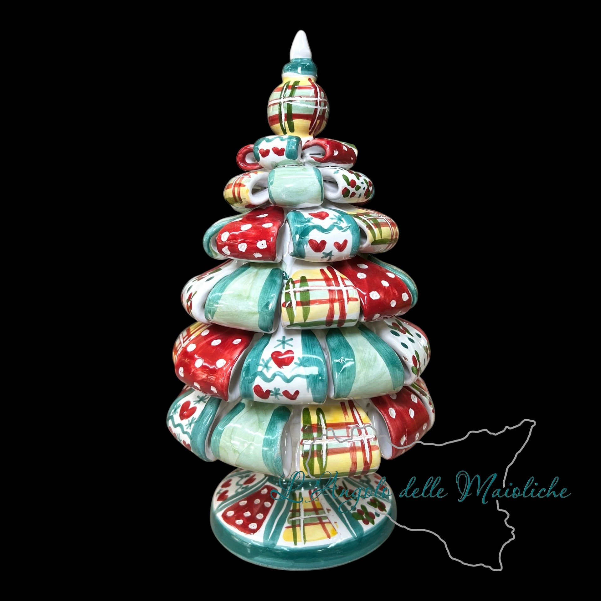 Albero di Natale in ceramica siciliana modello nastrini da appoggio Produzione artigianale di Caltagirone h.28cm