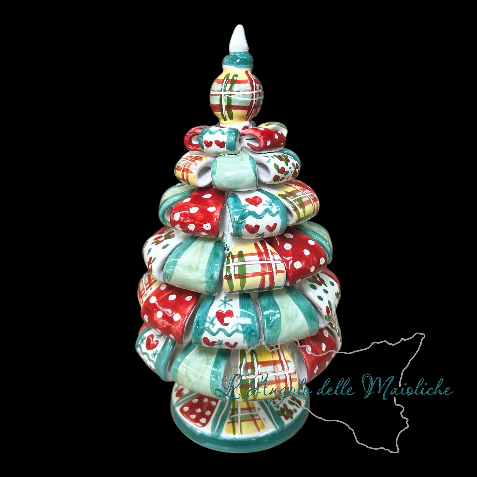 Albero di Natale in ceramica siciliana modello nastrini da appoggio Produzione artigianale di Caltagirone h.28cm