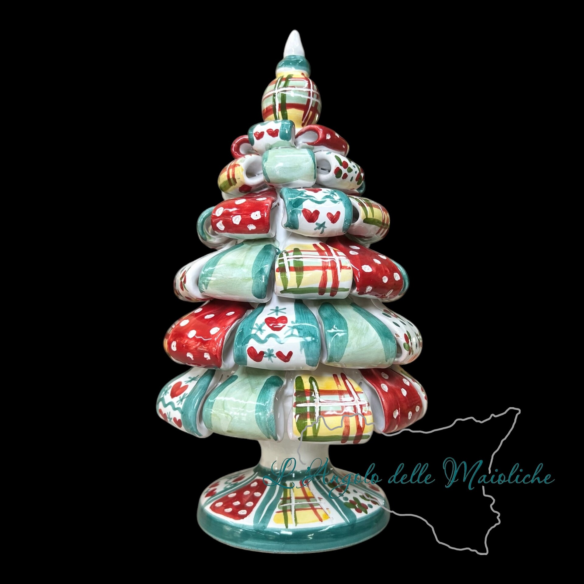 Albero di Natale in ceramica siciliana modello nastrini da appoggio Produzione artigianale di Caltagirone h.28cm