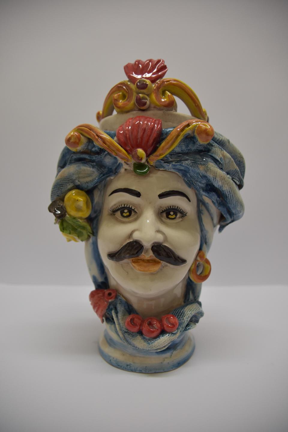 Coppia teste di moro con turbante e limoni Produzione artigianale  di Caltagirone h. 31 cm