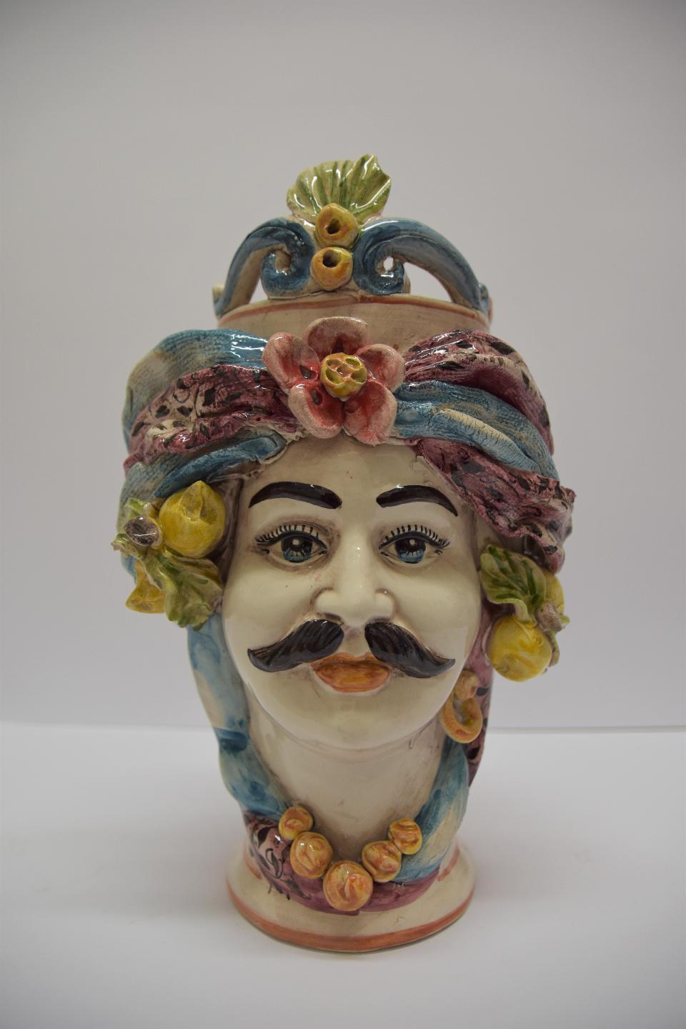 Coppia Teste di moro con turbante e limoni decoro blu e bordeaux Produzione artigianale di Caltagirone h.30cm