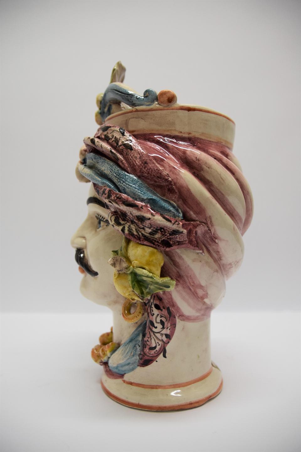 Coppia Teste di moro con turbante e limoni decoro blu e bordeaux Produzione artigianale di Caltagirone h.30cm