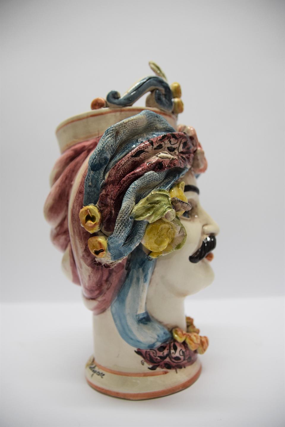 Coppia Teste di moro con turbante e limoni decoro blu e bordeaux Produzione artigianale di Caltagirone h.30cm