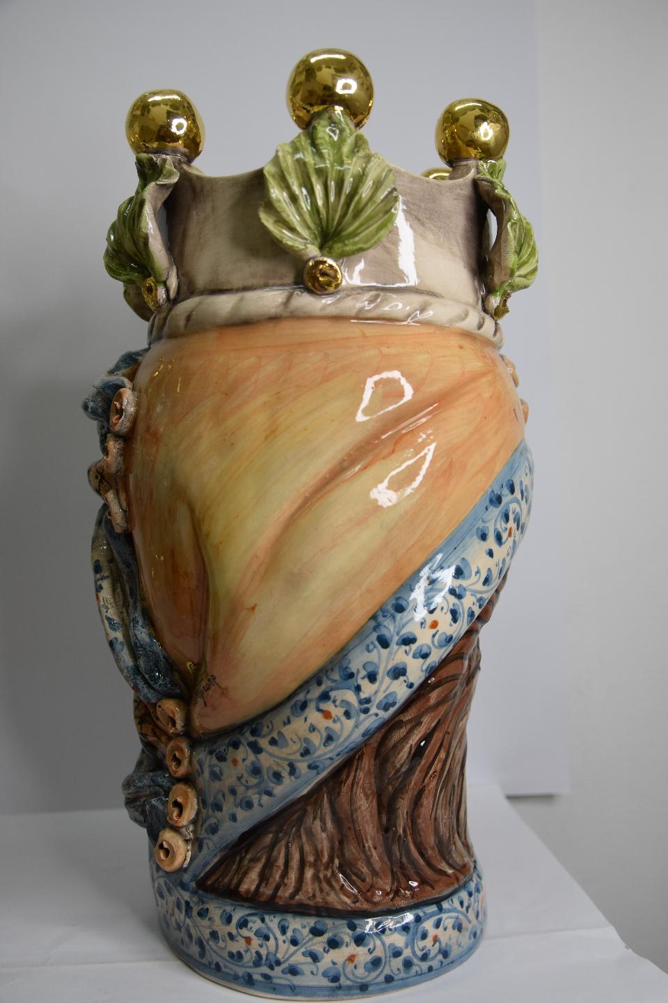 Coppia Teste di moro decoro con corona e turbante Produzione artigianale di Caltagirone h. 40 cm