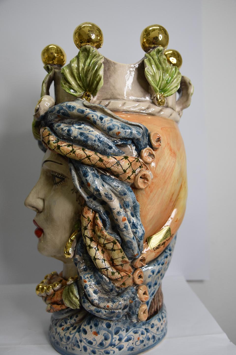 Coppia Teste di moro decoro con corona e turbante Produzione artigianale di Caltagirone h. 40 cm
