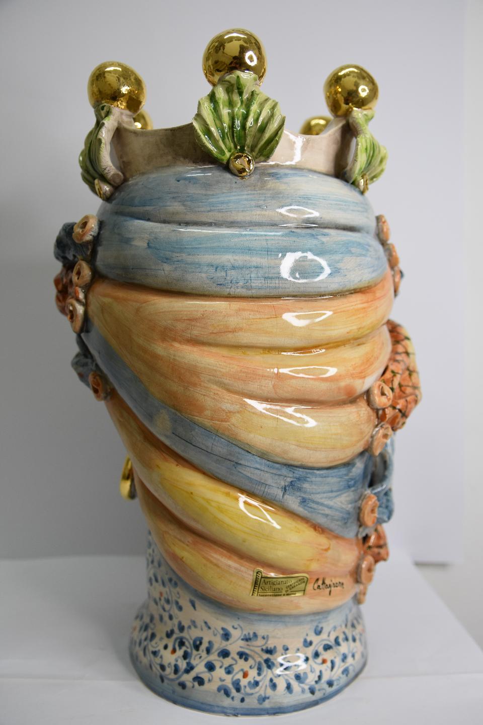Coppia Teste di moro decoro con corona e turbante Produzione artigianale di Caltagirone h. 40 cm