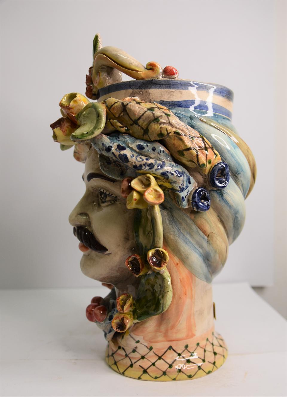 Coppia Teste di moro fichi d'india e turbante Produzione artigianale di Caltagirone  h. 31 cm