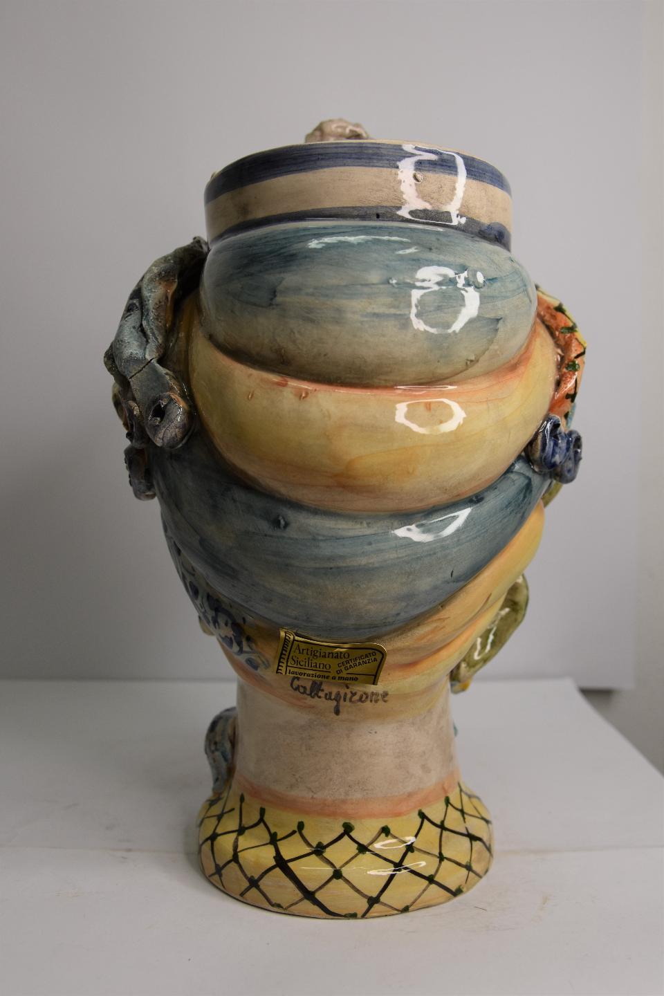 Coppia Teste di moro fichi d'india e turbante Produzione artigianale di Caltagirone  h. 31 cm