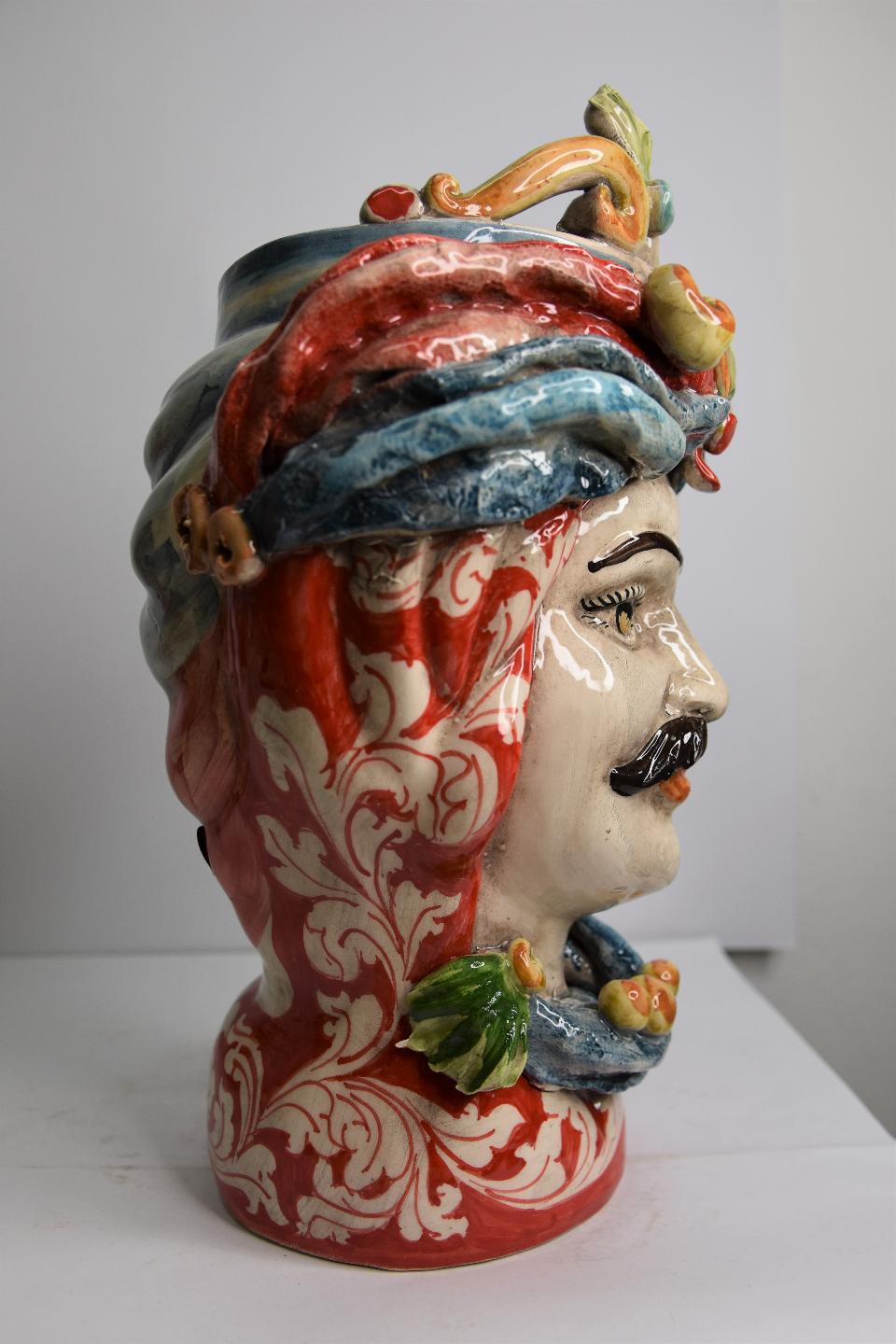 Coppia teste di moro con turbante Produzione artigianale di Caltagirone  h. 31cm