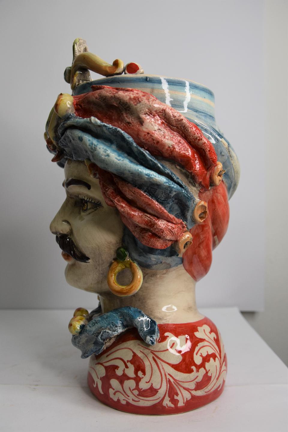Coppia teste di moro con turbante Produzione artigianale di Caltagirone  h. 31cm