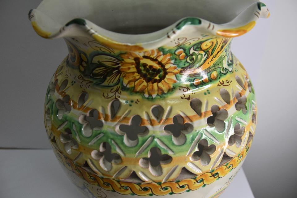 Porta ombrelli traforato smerlato decoro girasoli giallo e verde Produzione artigianale di Caltagirone h.50cm