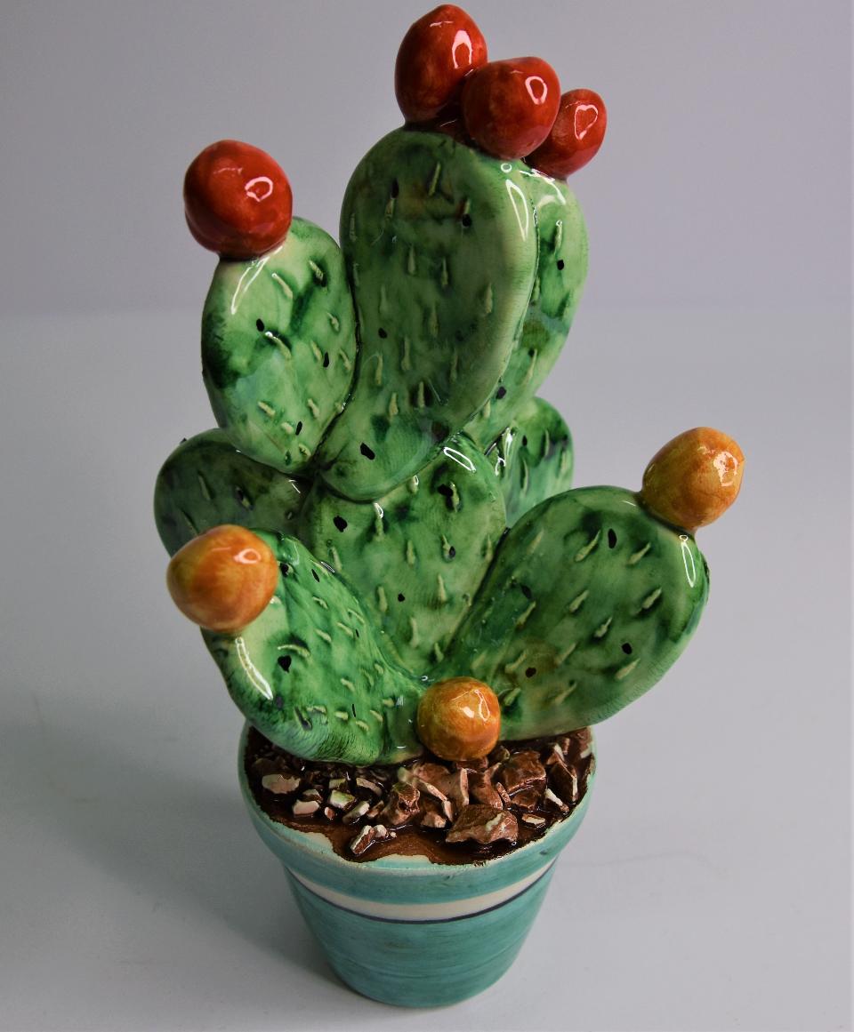 Piantina fico d'india in ceramica Produzione artigianale di Caltagirone h.17 cm