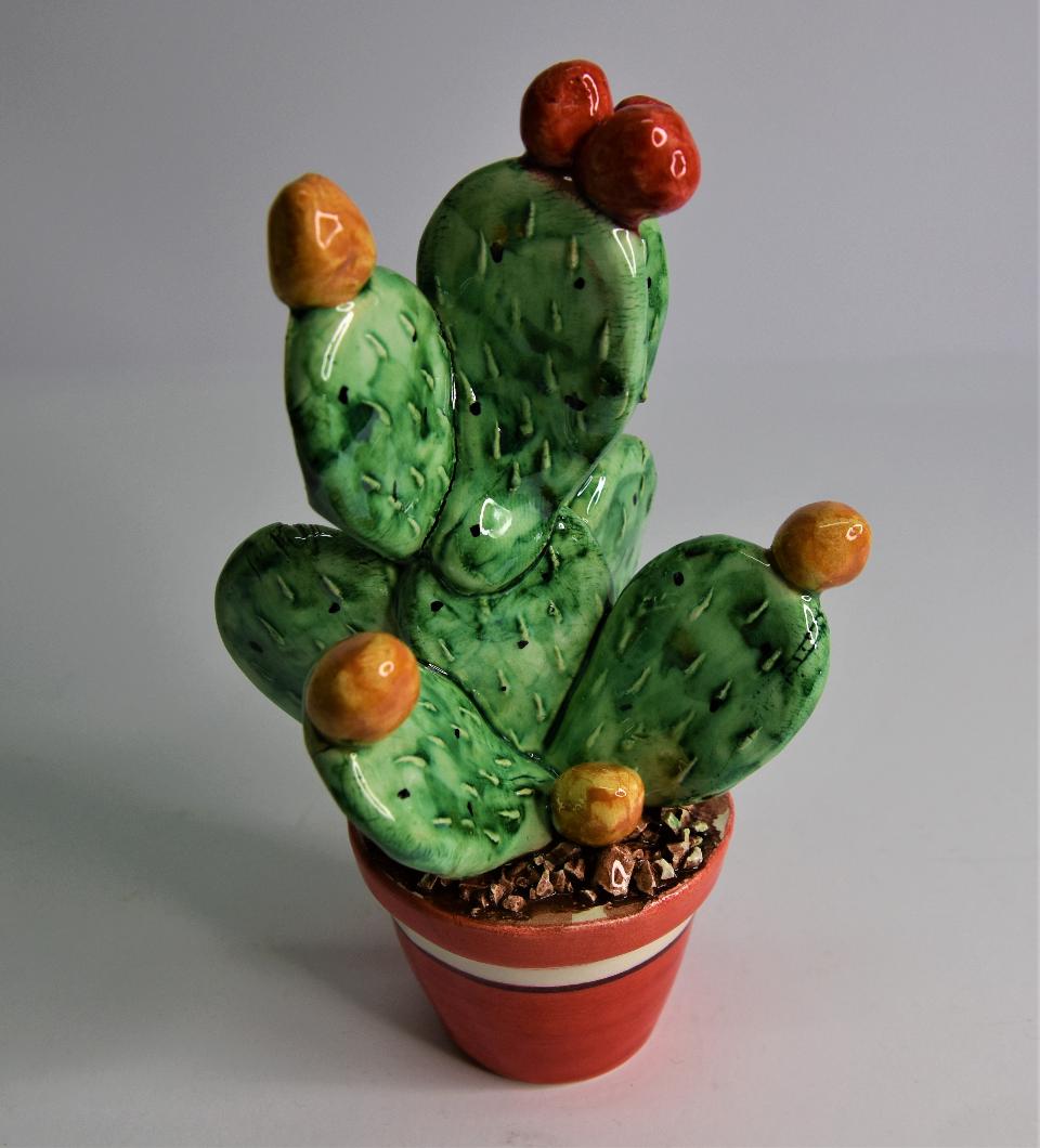 Piantina fico d'india in ceramica Produzione artigianale di Caltagirone h.17 cm