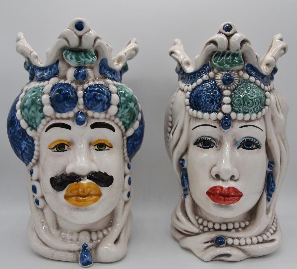 Coppia teste di moro Emiro decoro blu e verde Produzione artigianale di Caltagirone h.20cm