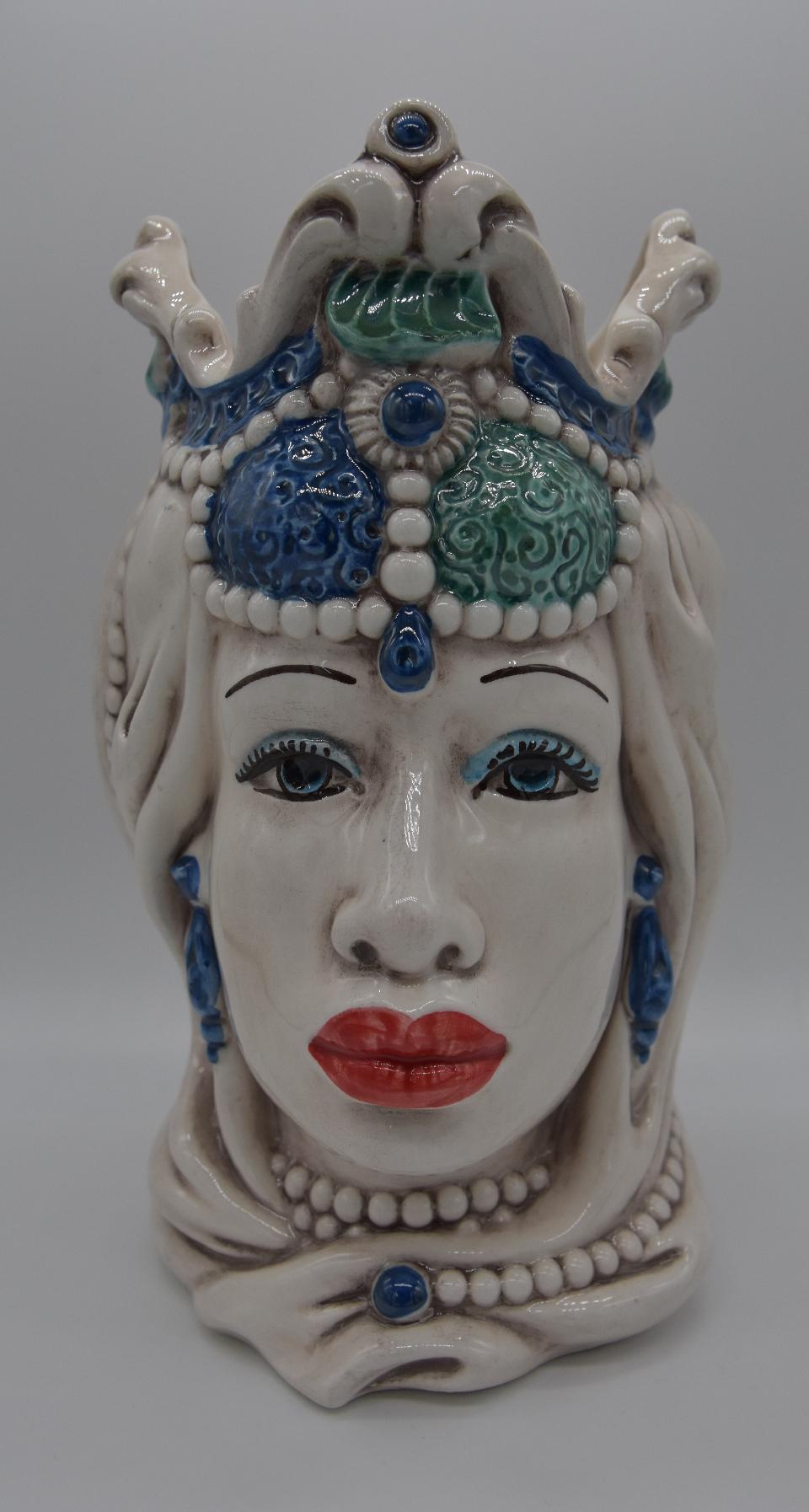 Coppia teste di moro Emiro blu/verde Produzione artigianale di Caltagirone h.20 cm