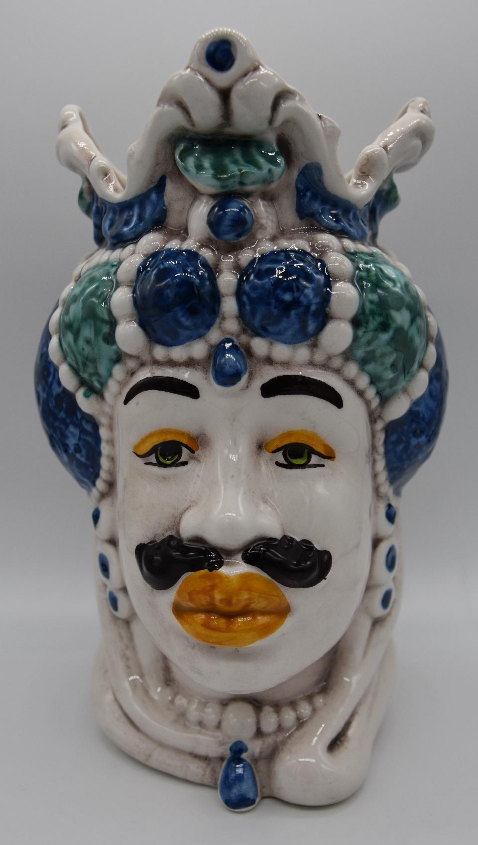 Coppia teste di moro Emiro blu/verde Produzione artigianale di Caltagirone h.20 cm