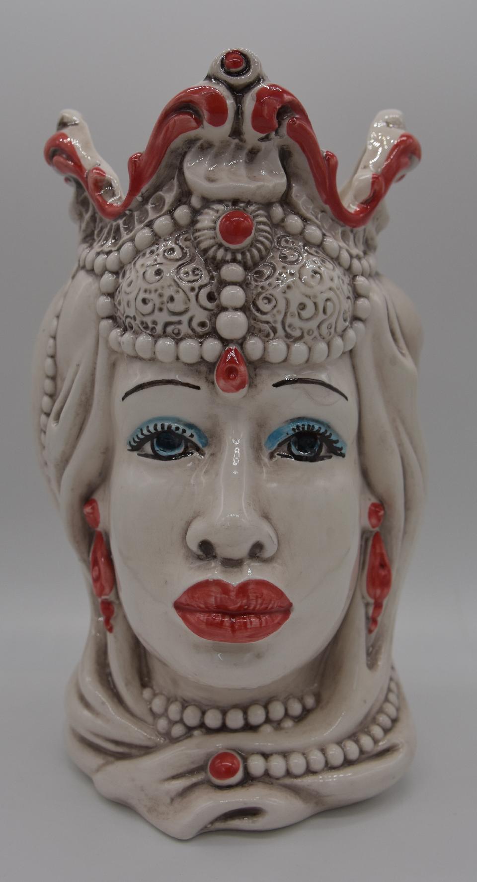 Coppia Teste di moro Emiro bianco antico/rosso Produzione artigianale di Caltagirone h.20 cm